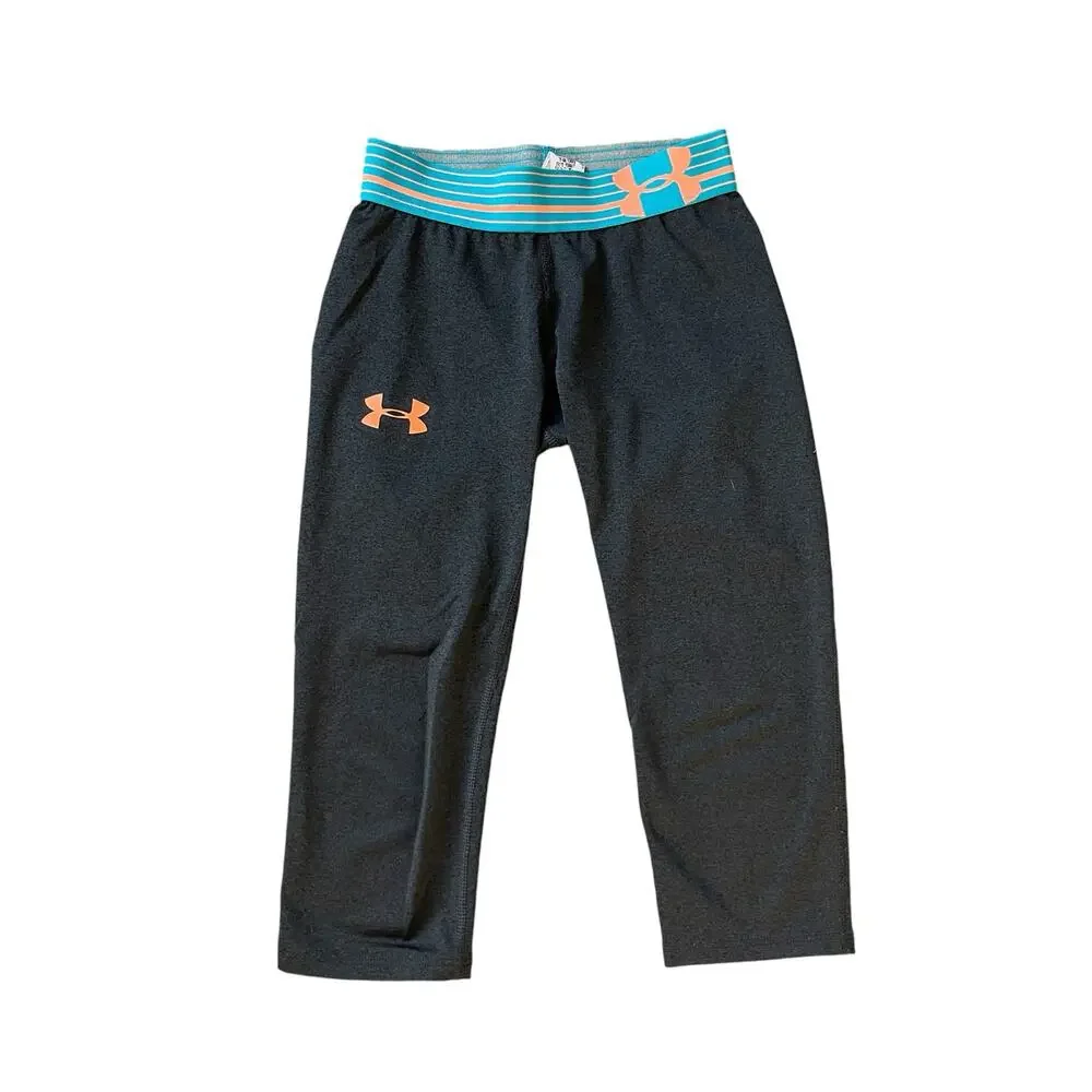 Girls Under Armour Gray Capri Athletic Leggings Turquoise Neon Orange Trim Waist
